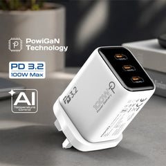 Promate Quantum-100 100W GaN USB-C Charger with 3 USB-C Ports, PD 3.2 Fast Charging, PPS & AVS Support