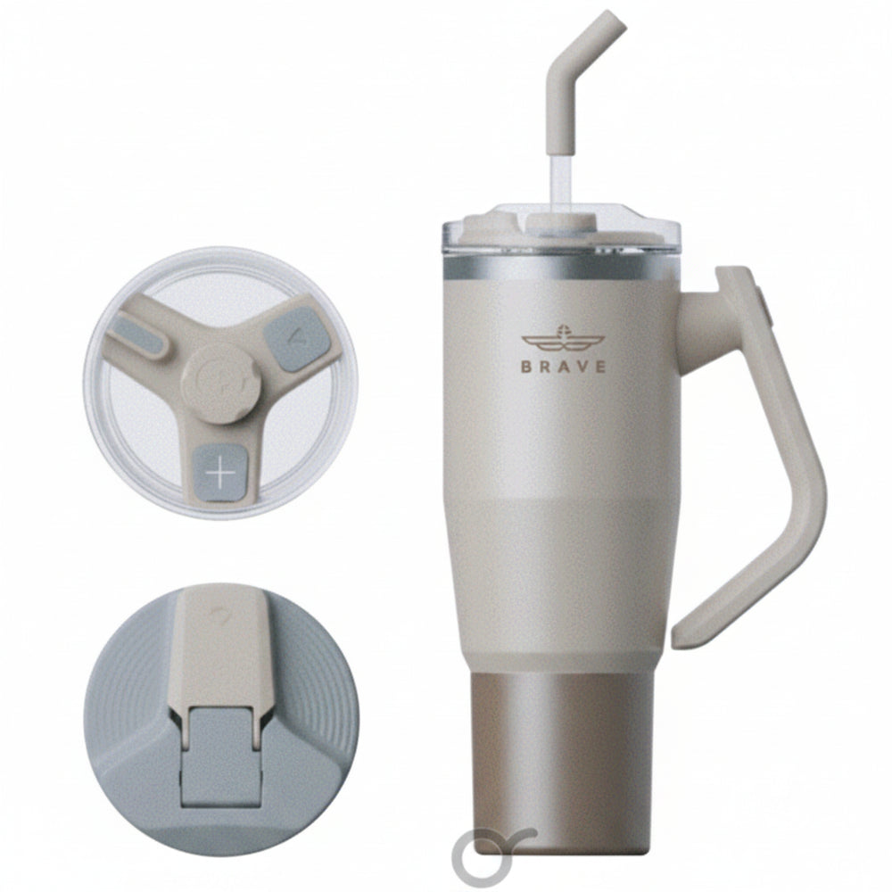Brave Temp Guard Vacuum Insulated Travel Mug – 180° Rotating Handle, 24H Cold & 12H Hot Retention, Leak-Proof Lids, 950ml - Beige