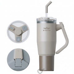 Brave Temp Guard Vacuum Insulated Travel Mug – 180° Rotating Handle, 24H Cold & 12H Hot Retention, Leak-Proof Lids, 950ml - Beige