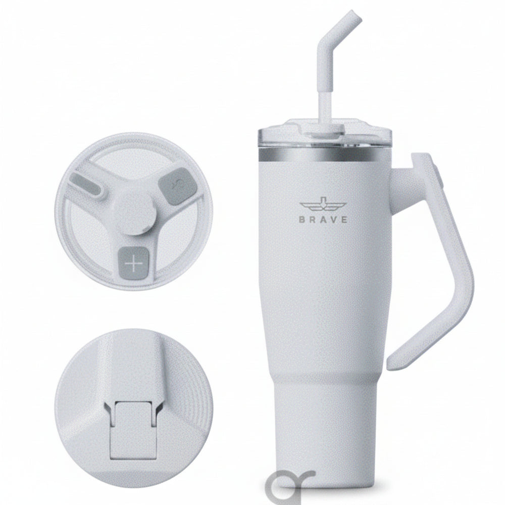 Brave Temp Guard Vacuum Insulated Travel Mug – 180° Rotating Handle, 24H Cold & 12H Hot Retention, Leak-Proof Lids, 950ml - White
