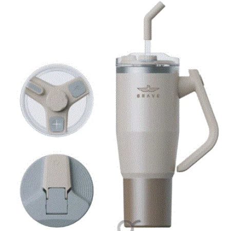 Brave Temp Guard Vacuum Insulated Travel Mug – 180° Rotating Handle, 24H Cold & 12H Hot Retention, Leak-Proof Lids, 1200ml - Beige