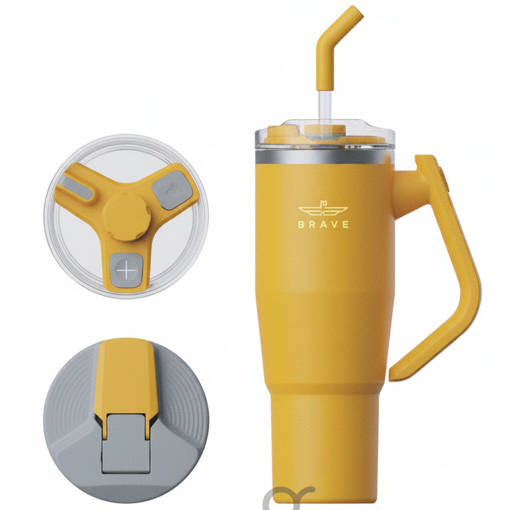 Brave Temp Guard Vacuum Insulated Travel Mug – 180° Rotating Handle, 24H Cold & 12H Hot Retention, Leak-Proof Lids, 1200ml - Yellow