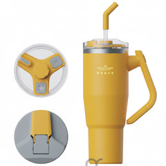 Brave Temp Guard Vacuum Insulated Travel Mug – 180° Rotating Handle, 24H Cold & 12H Hot Retention, Leak-Proof Lids, 1200ml - Yellow