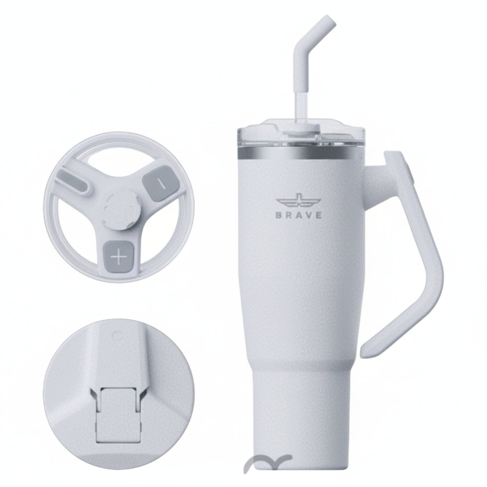 Brave Temp Guard Vacuum Insulated Travel Mug – 180° Rotating Handle, 24H Cold & 12H Hot Retention, Leak-Proof Lids, 1200ml - White