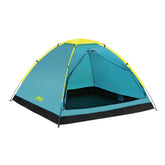 Blue camping tent with yellow accents on a white background