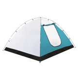 Camping tent with white and teal design on a white background