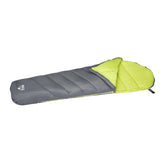 Gray and green sleeping bag on a white background