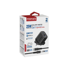 Promate - 25W PD Dual Port Adapter with Ultra-Fast USB-C to Lightning Cable ,BLACK