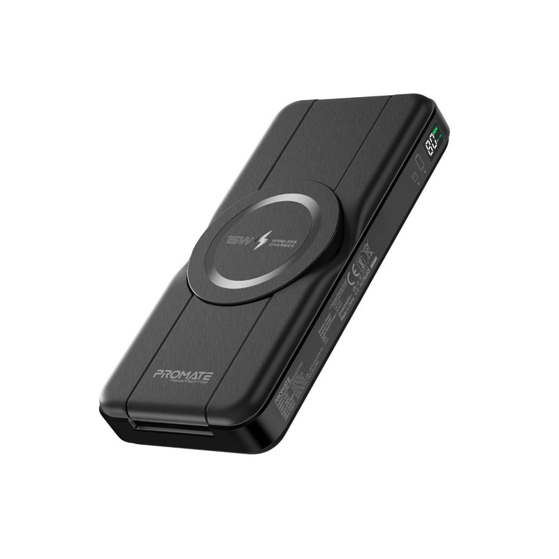 promate-10000mAh 5-in-1 Foldable MagSafe Compatible Wireless Charging Power Ban,BLACK