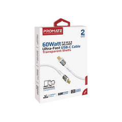 Promate -TransLine-CC ,60W Power Delivery Ultra-Fast USB-C Cable with Transparent Shells,WHITE