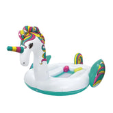 Inflatable unicorn pool float with colorful design on a white background