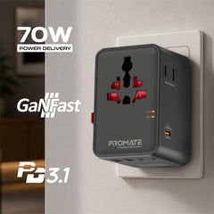 Promate TripMate-GaN70Pro 70W Universal Travel Adapter with GaN Fast Charging, 3 USB-C Ports, 2 USB-A Ports
