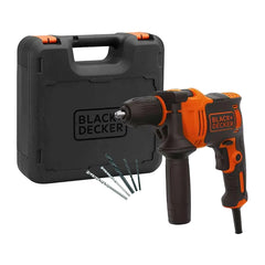 Black and Decker drill with drill bits and carrying case on a white background
