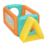 Colorful baby playpen with colorful balls inside on a white background