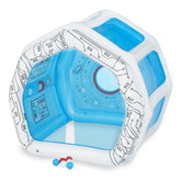 Toy dodecahedron with space-themed design on a white background