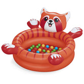 Inflatable red panda pool with colorful balls on a white background