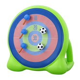 Colorful target practice toy with darts and soccer balls on a white background