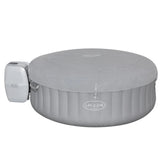 Gray pet bed with a circular design on a white background