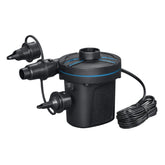 Black pump with multiple nozzles and a coiled hose on a white background
