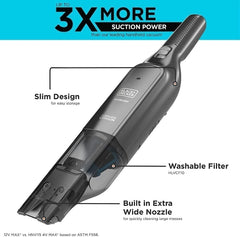 B+D cordless 12v handheld dustbuster vacuum, 22 air watts,14 mins runtime, ultra wide extendable nozzle, charging base with 2.0ah
