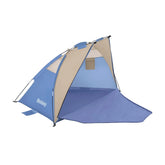 Blue and beige tent with a brand logo on a white background