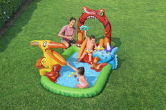 BESTWAY 2.41M X 1.40M X 1.37M JURASSIC SPLASH PLAY CENTER (1 pool, 3 fish shaped rings,1 triceratops ring target, 1 pteranodon ball catch, 1 pteranodon, 1 T-rex, 4 play balls, repair patch.) Age 2+