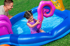 BESTWAY 3.30m x 1.88m x 1.17m Sea Odyssey Play Center (1 pool,1 arch sprinkler,1 slide, 1 basket, 2 Puffy Pal fish, 2 rackets, 4 play balls, repair patch) Age 2+