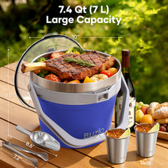 Buzio Insulated Ice Bucket 7L with Lid Scoop Tongs and 2 Cups - Purple