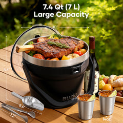Buzio Insulated Ice Bucket 7L with Lid Scoop Tongs and 2 Cups - Black