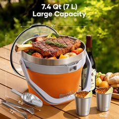 Buzio Insulated Ice Bucket 7L with Lid Scoop Tongs and 2 Cups - Orange