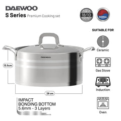 Daewoo 18/10 Stainless Steel Cookware Set of 7 Pcs (28, 24, 20 cm Pots, 24cm Pan) - Silver