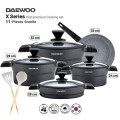 Daewoo X Series Non-Stick Granite Coating Cookware Set Of 11 pcs (32,28,24 cm Pot, 28 cm Pan, 28 cm Casserole), 2 Pcs of Utensil Tools - Black