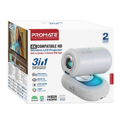 Promate 4K Compatible HD Wireless LCD Projector with Built-In Speaker & Ambient RGB light, 250 ANSi Brigthness,White