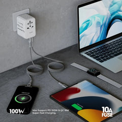 Blupebble Passport 4 GaN III World Travel Adapter with 100W Power, 3 USB-C & 2 USB-A - White