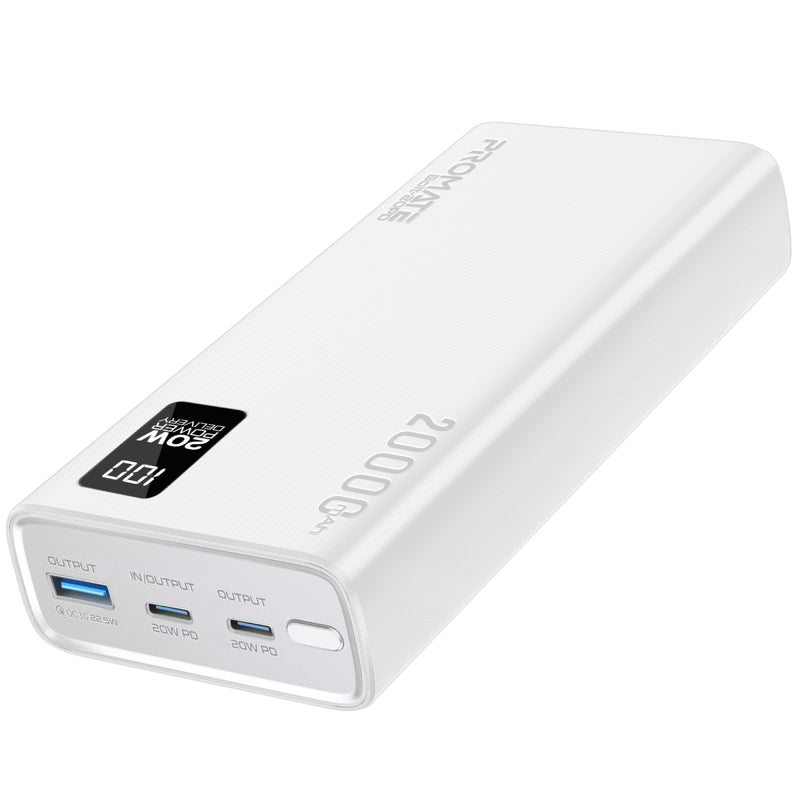 Promate Compact Smart Charging Power Bank with 20W PD Dual USB-C and 22.5W USB-A Ports,WHITE