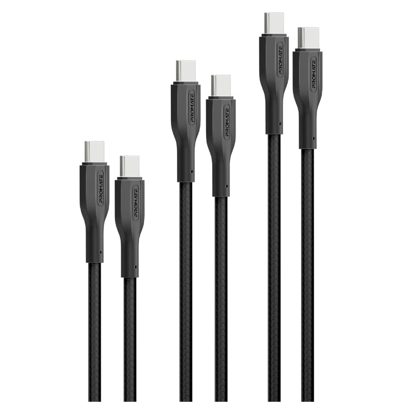 Promate 60W Power Delivery 3Pcs High Tensile Strength USB-C Cable Kit ,Black