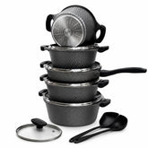 OSFE 12 PCS Aluminum Nonstick Granite Cookware Set (32, 28, 24, 20 cm Pots, 28 cm Pan with 2 Pcs of Utensil Tools) - Grey