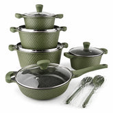OSFE 12 PCS Aluminum Nonstick Granite Cookware Set (32, 28, 24, 20 cm Pots, 28 cm Pan with 2 Pcs of Utensil Tools) - Green