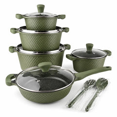 OSFE 12 PCS Aluminum Nonstick Granite Cookware Set (32, 28, 24, 20 cm Pots, 28 cm Pan with 2 Pcs of Utensil Tools) - Green