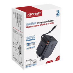 Promate - 65W Power Delivery GanFast™ Charging Adapter with Retractable USB-C Cable,BLACK