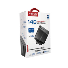Promate - 140W Power Delivery 3.1 GaN Charger ,140W USB-C PD,100W USB-C PD,BLACK