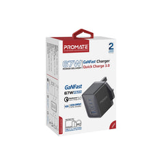 Promate - 67W Power Delivery GaNFast™ Charger with Quick Charge 3.0 ,BLACK
