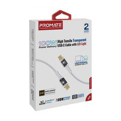 Promate 100W Power Delivery Ultra-Fast USB-C Cable with Transparent Shells ,WHITE