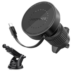 Promate - 15W MagSafe Compatible Car Wireless Charger w/ Retractable Cable ,black