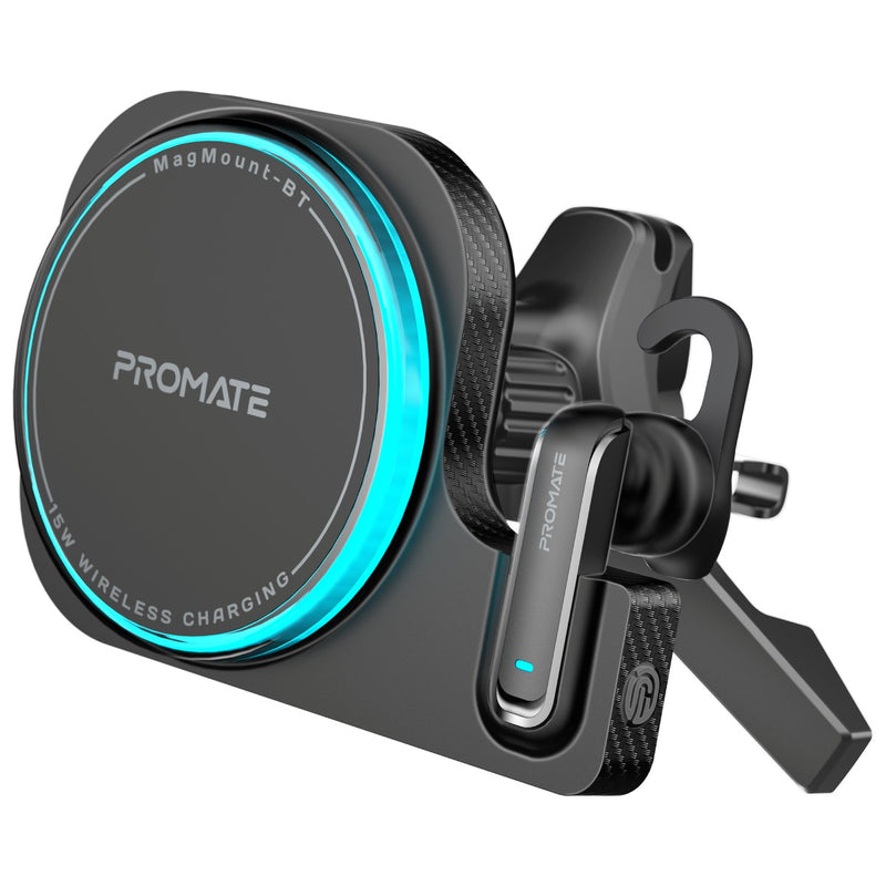 Promate - 2-in-1 MagSafe Compatible 15W Wireless Car Charger with Built-in Wireless Mono ENC Earphone,BLACK
