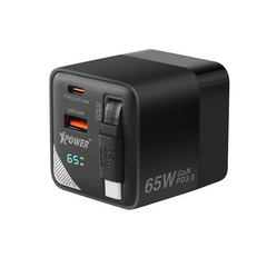 XPower GX65B 3 in 1 65W GaN PD Desktop Charger 2 Port Type-C cable - Black-4895246609270