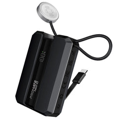 Promate-10000mAh 30W Power Delivery Ultra-Fast Power Bank w/ In-Built USB-C Cable & Apple Watch Charger,Black