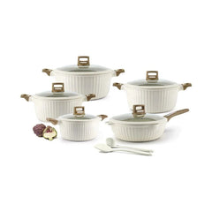 OSFE Granite Cookware Set 12 pcs 20-24-28-32cm casserole with lid 28cm deep fry pan with silicone lid, 2pcs silicone kitchen tools - Ivory