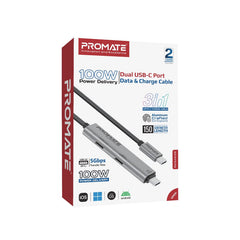 Promate 100W Power Delivery Dual USB-C Port Data and Charge Cable,Black