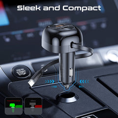 شاحن سيارة متعدد المنافذ بقدرة 62 واط مع كابل USB-C قابل للسحب